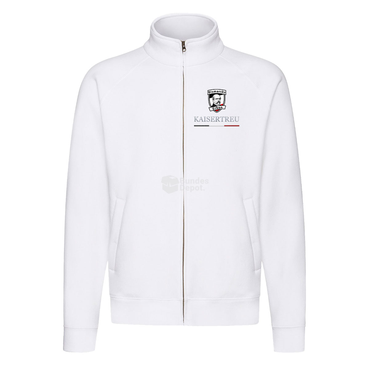 Sweat Jacke "Kaisertreu - Bismarcks Erben", weiß, Motiv Vorderansicht